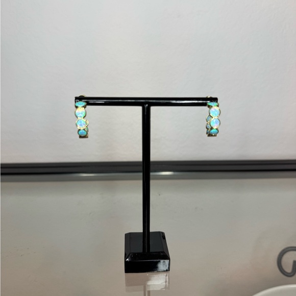 NWT Melinda Maria She's an Icon Blue Opal Gold Hoops 0.75" - Picture 2 of 5